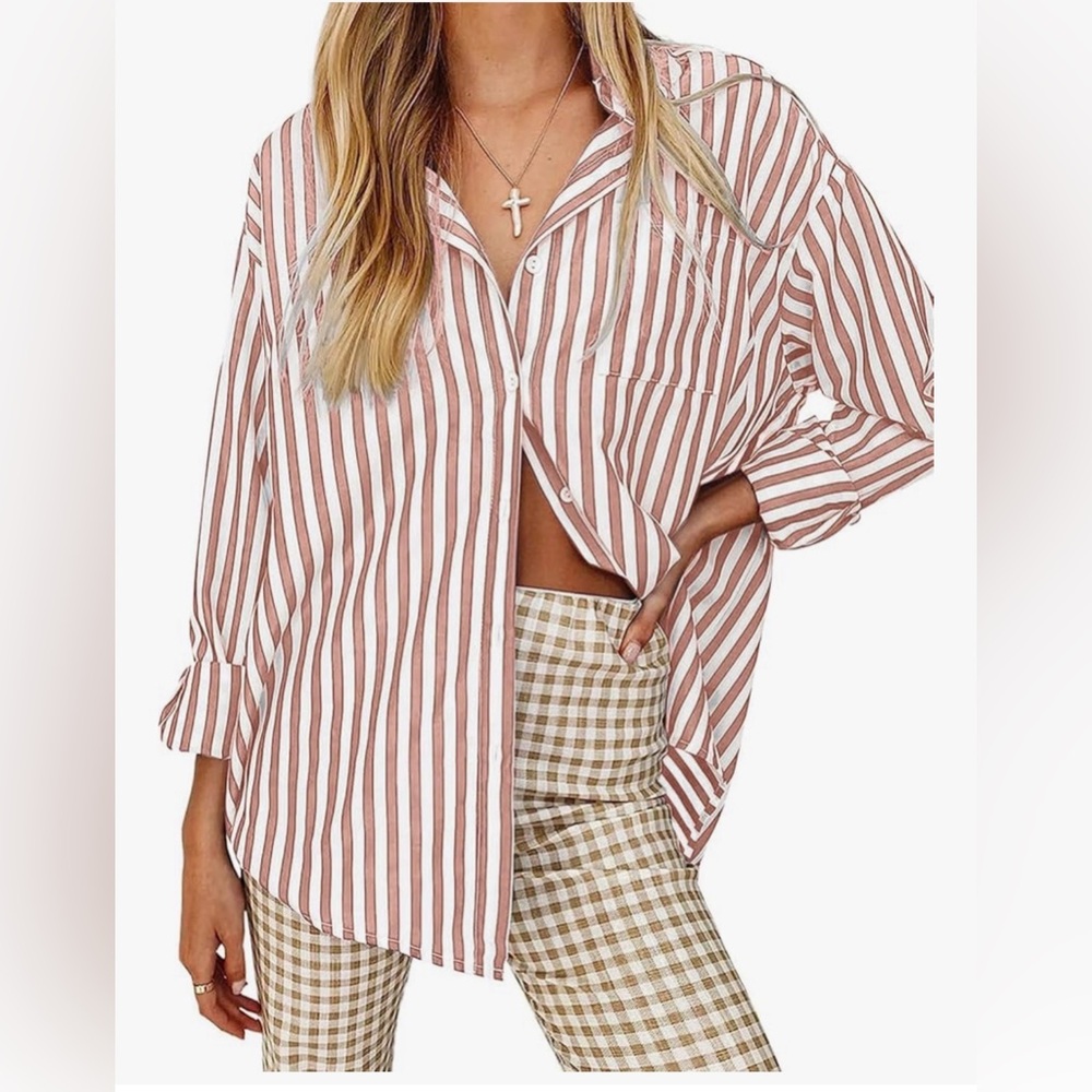 Amazon Women’s Lightweight Striped Blouse Rust & White Size L